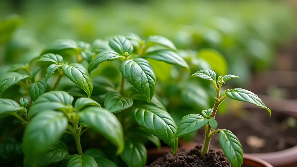 Basil plant next to dwarf apple tree
