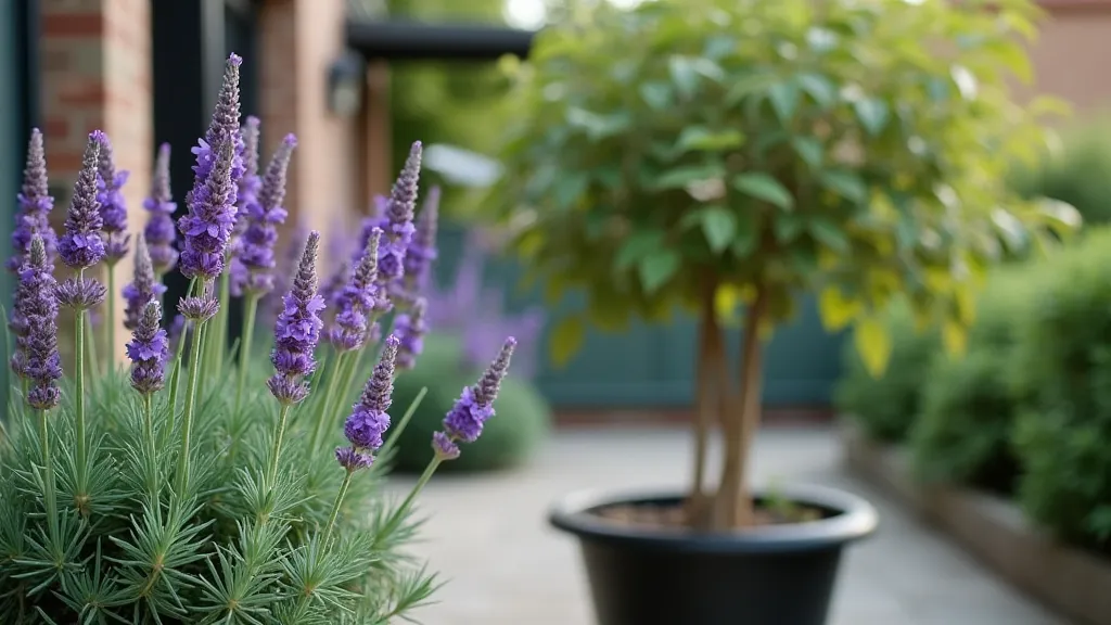Lavender plant next to a dwarf peach tree