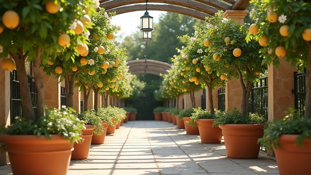 Patio with dwarf fruit trees