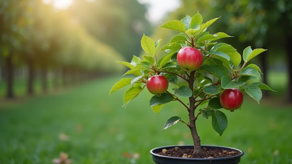 A pruned dwarf apple tree in a container.