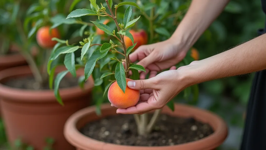Hands pruning a peach tree in a container.