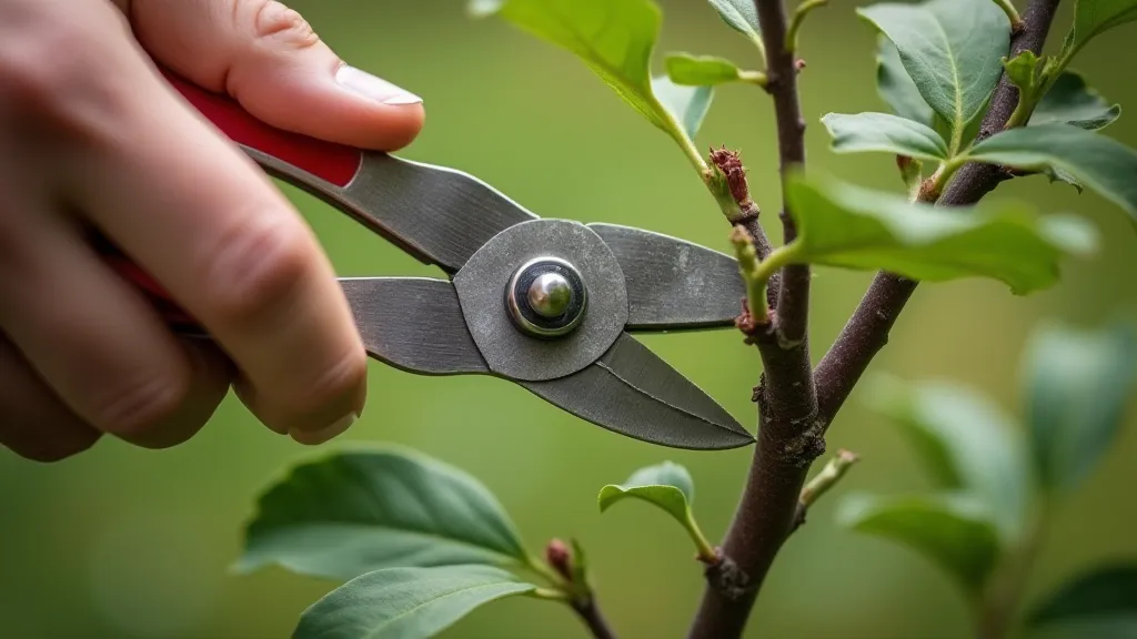 Pruning shears cutting a branch on a dwarf apple tree in a container.
