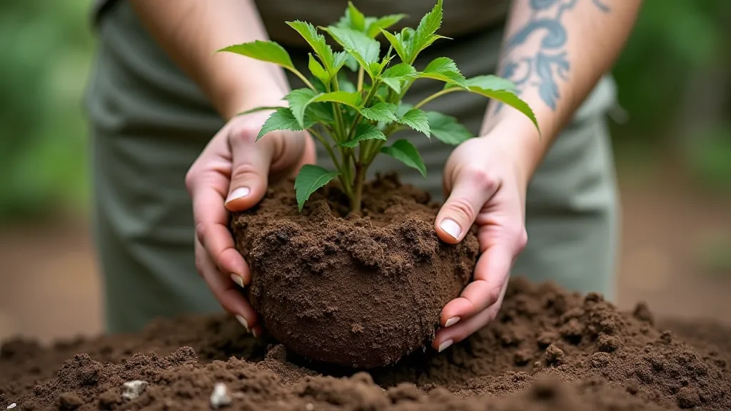 Person removing dwarf fruit tree from pot
