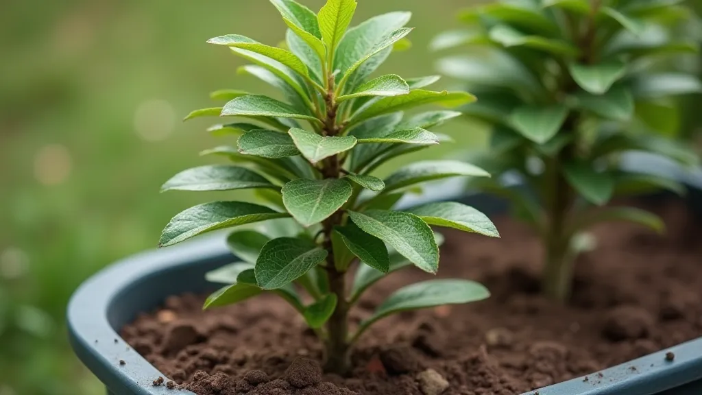 Newly repotted dwarf fruit tree thriving in a new pot