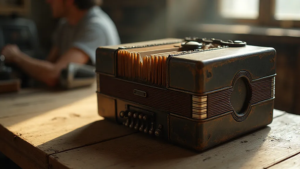 Antique accordion on a wooden table