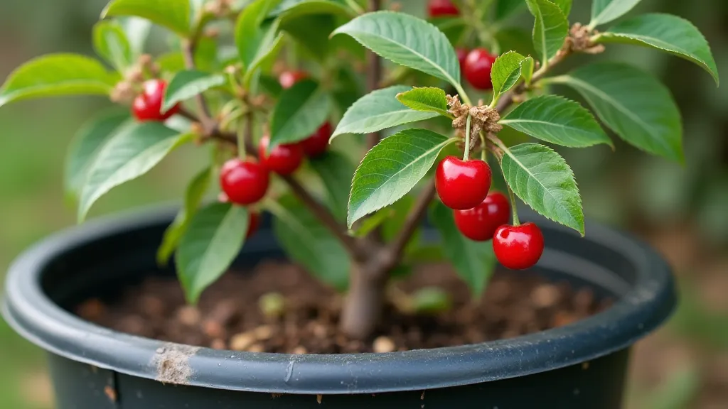 Mature dwarf cherry tree in a large pot