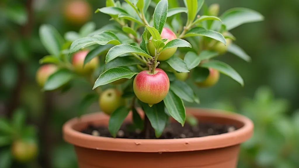 Dwarf apple tree growing in a container