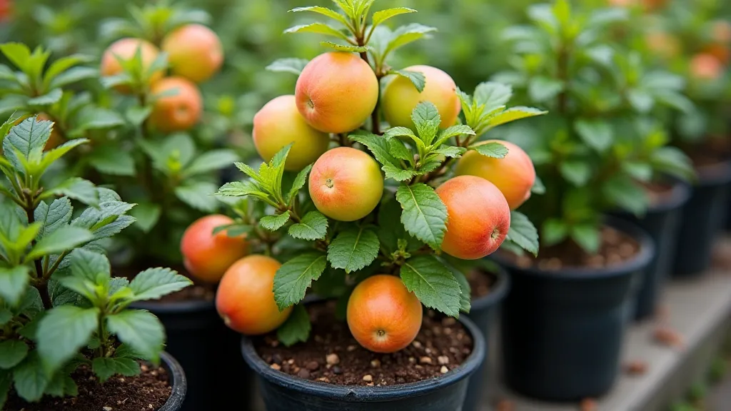 Various dwarf fruit trees in containers