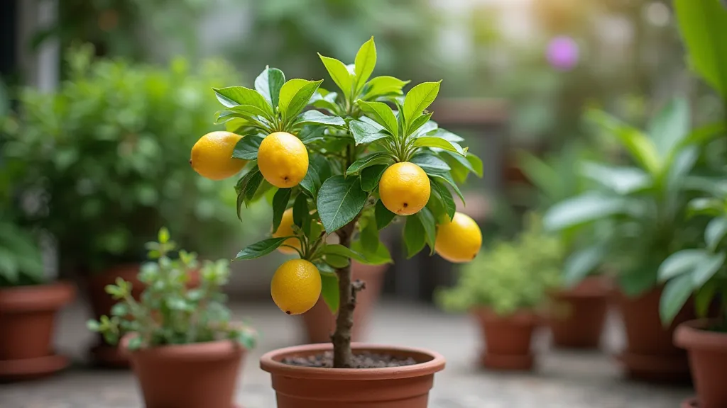Dwarf lemon tree in a container on a patio