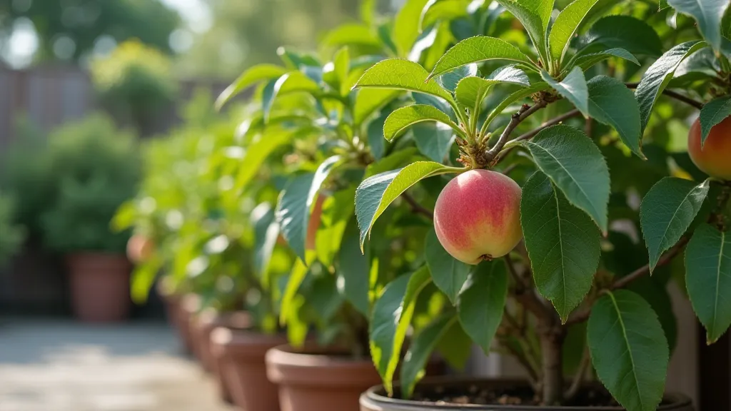 Dwarf peach tree in container on patio