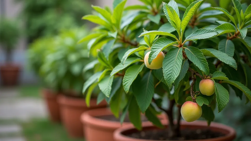 Dwarf peach tree in a container with developing fruit.