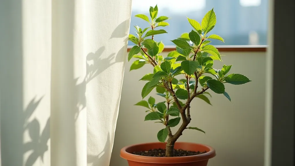 Dwarf apple tree in a container on a balcony