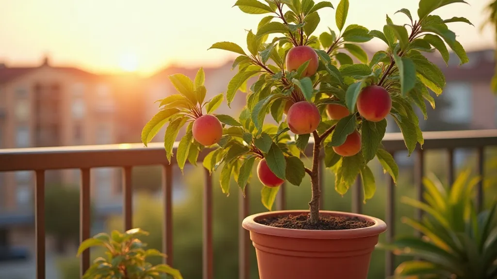 Dwarf peach tree in a pot