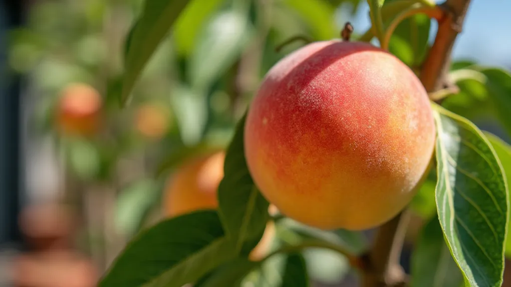 Ripe peach on a dwarf peach tree in a container