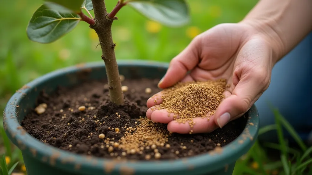Applying granular fertilizer to a dwarf fruit tree in a container.