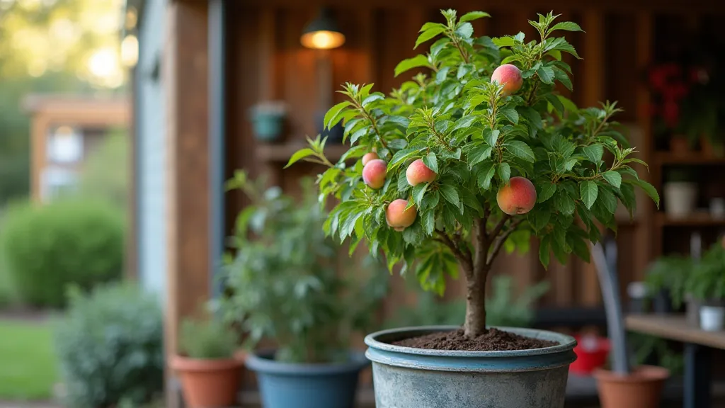 Dwarf peach tree in garage storage