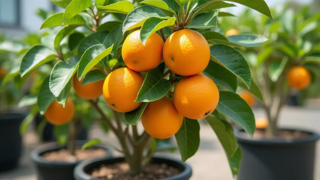 A thriving dwarf fruit tree with abundant fruit.