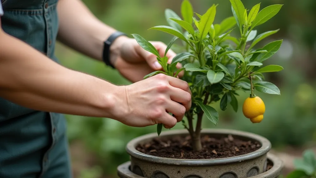 Person inspecting dwarf fruit tree leaves