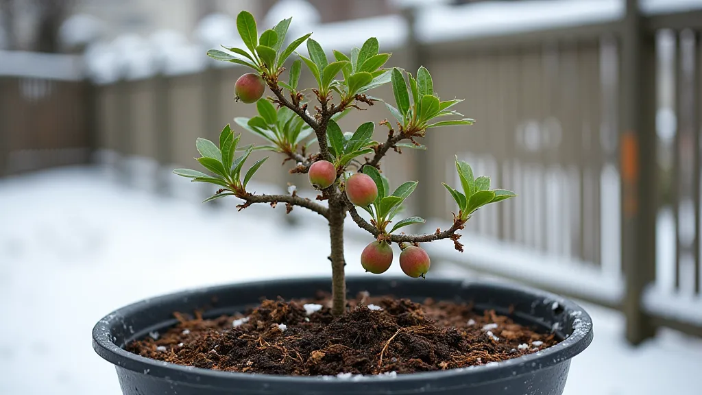 Dwarf plum tree container with mulch