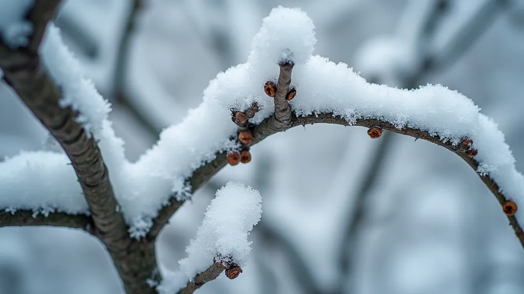 Dwarf apple tree branches covered in snow