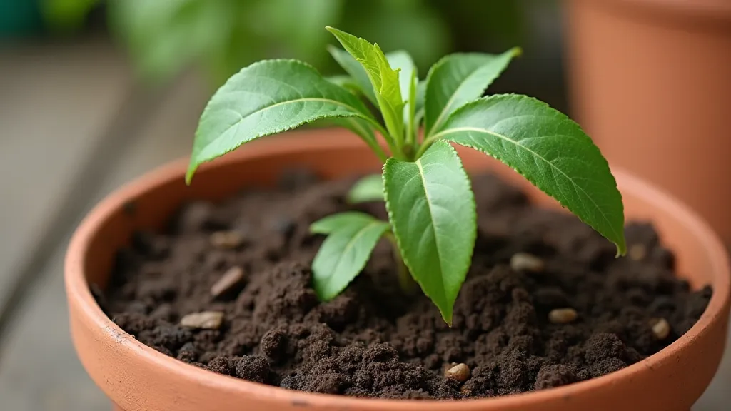 Young dwarf peach seedling in a pot
