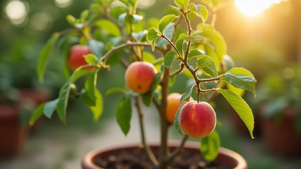 Healthy dwarf peach tree in a container