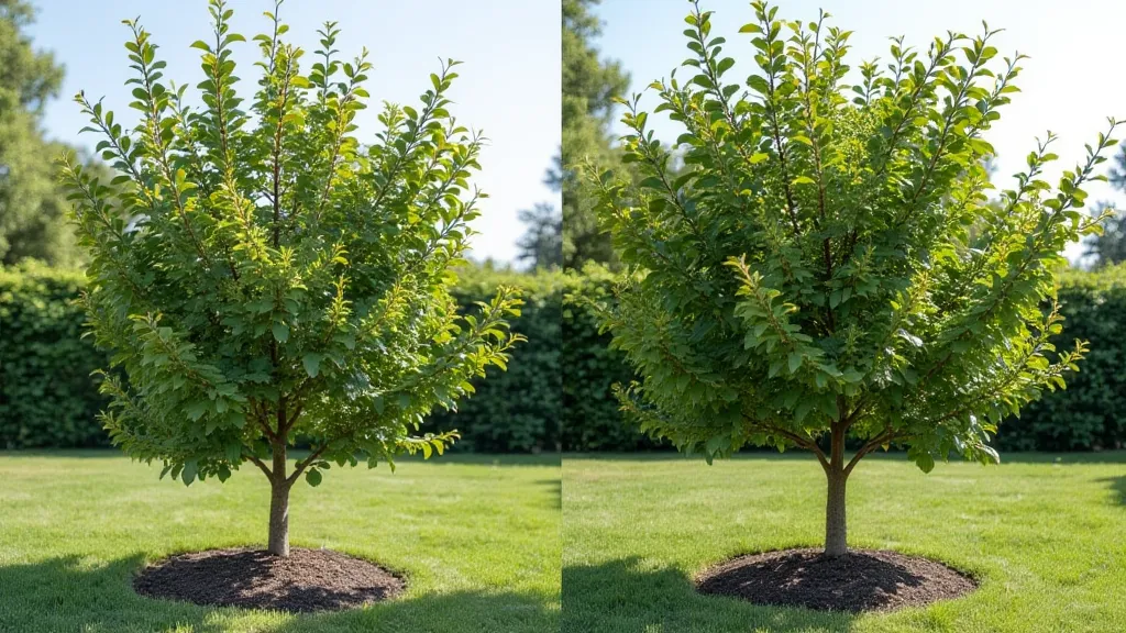 Dwarf pear tree before and after pruning