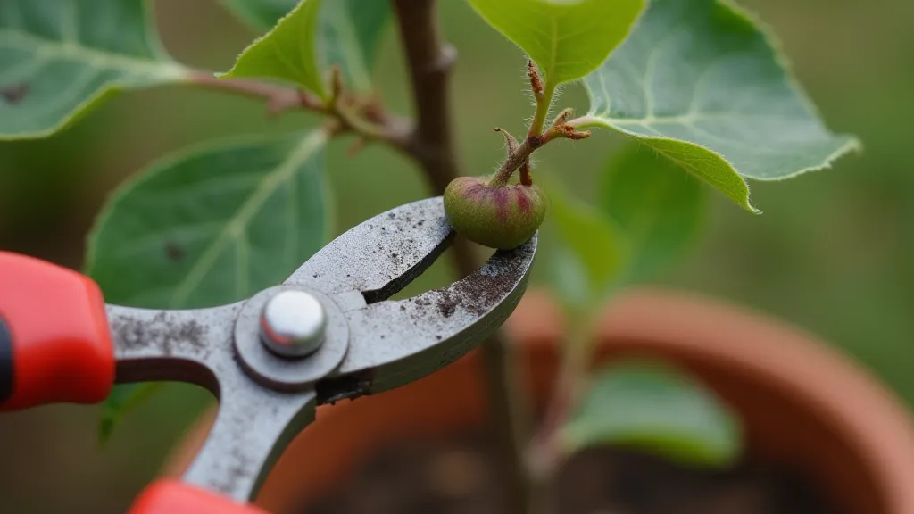 Pruning shears trimming a dwarf fruit tree