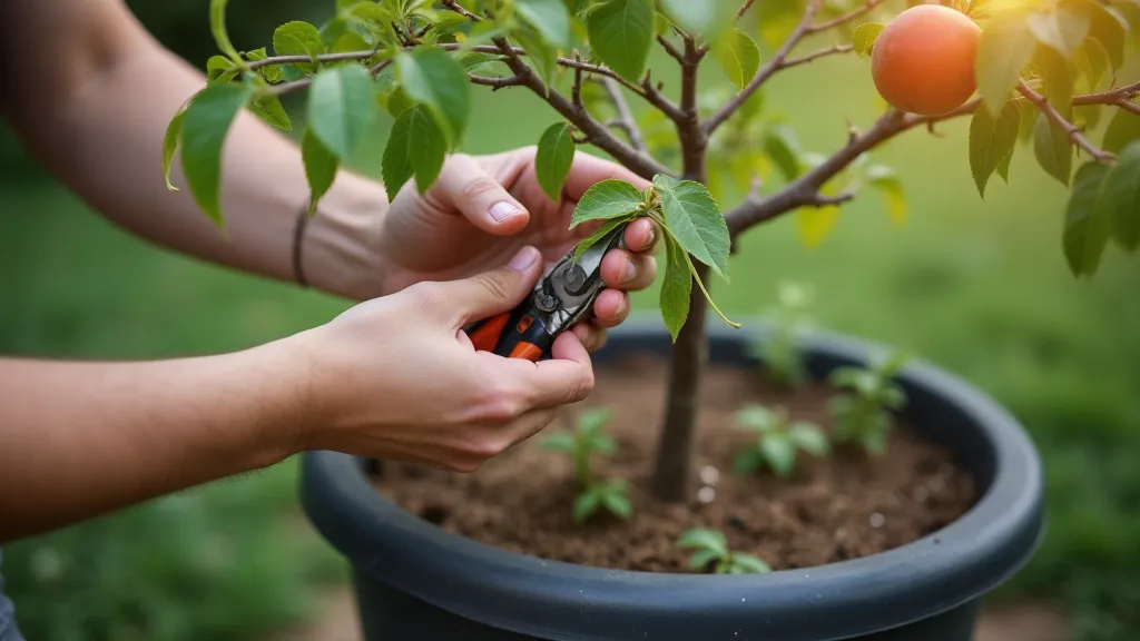 Hands pruning a dwarf peach tree