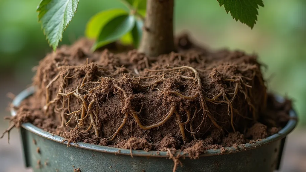 Root-bound dwarf peach tree in a container