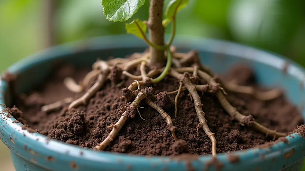 Rootbound dwarf apple tree in a pot