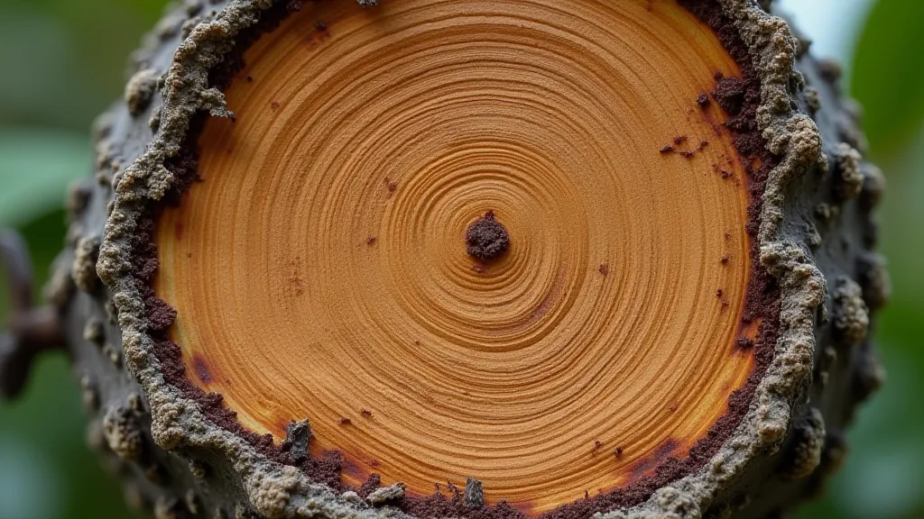 Dwarf peach tree trunk showing minimal growth rings