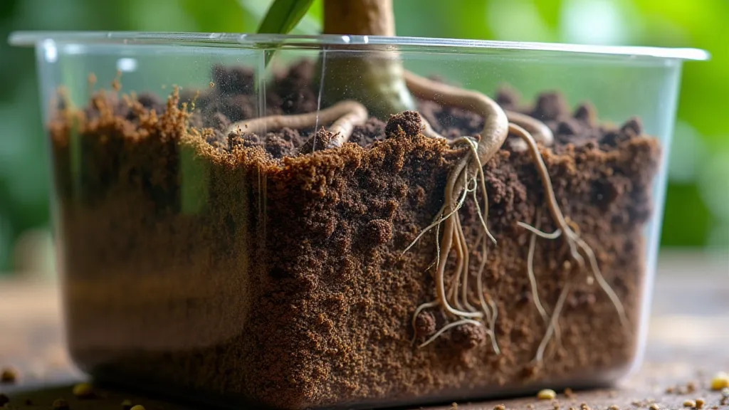 Healthy roots of a dwarf fruit tree in a container