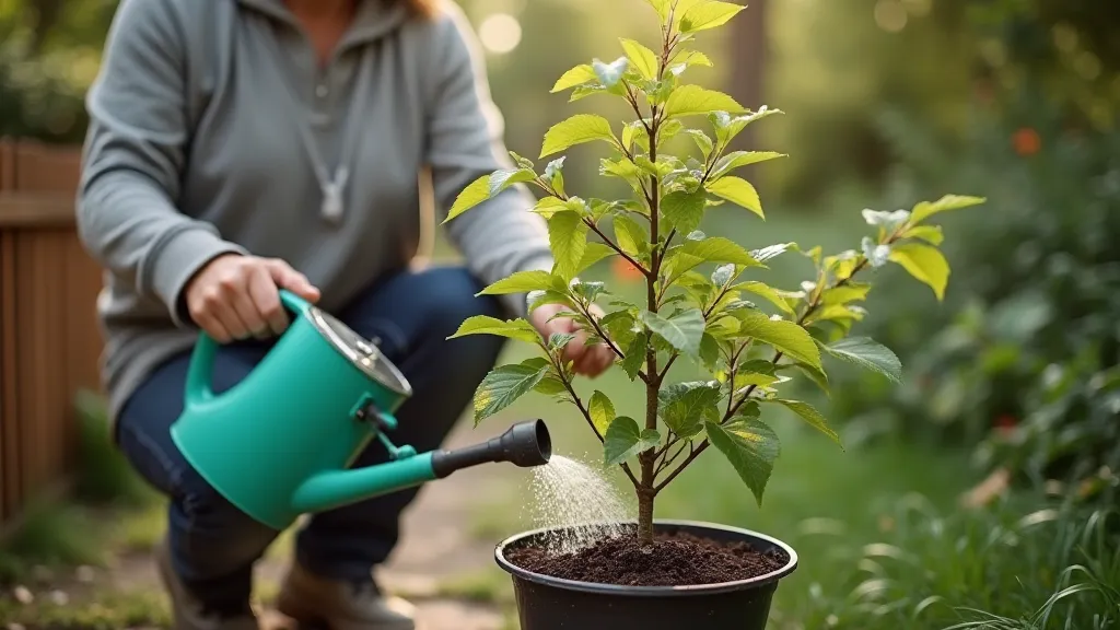 Watering a dwarf peach tree with a watering can
